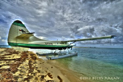 Seaplane sits on the beach waiting to take off. by Becky Kagan 